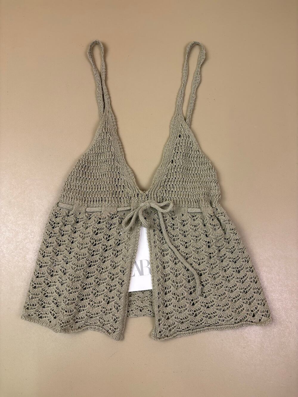Zara Women’s Crochet Knit Tie Front Cami Top Size Small Sage Green Boho NWT